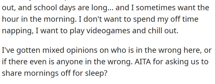 Now he is worried whether his desire for shared mornings off for sleep is unreasonable or insensitive.
