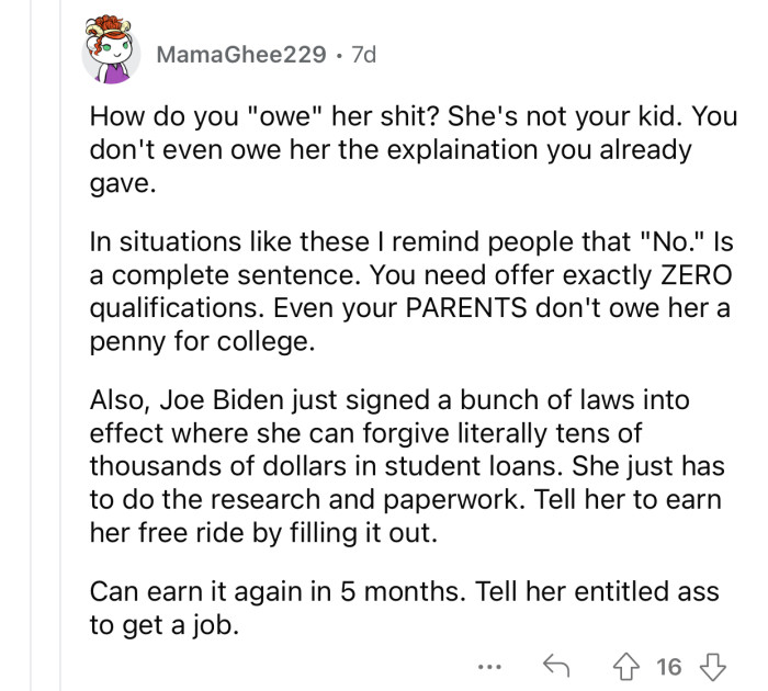 “Tell her to earn her free ride by filling it out.”