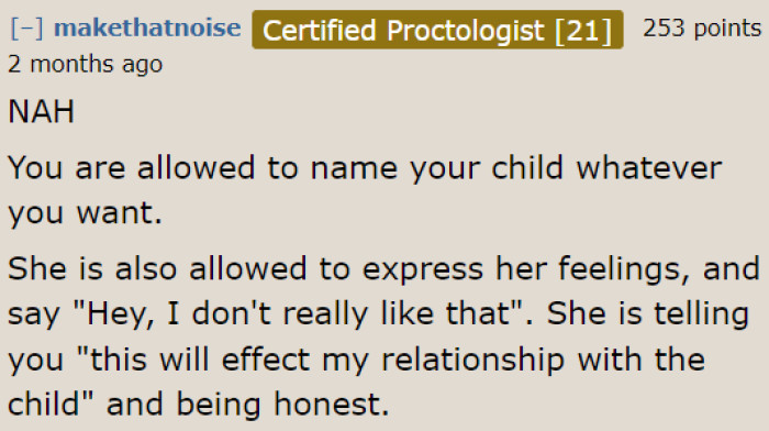 A Redditor decided to be neutral, stating that the OP has the right to name her child whatever she wants, and the SIL can be upset about it.