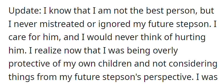 Update: OP admits mistakes but affirms she never mistreated the stepson.