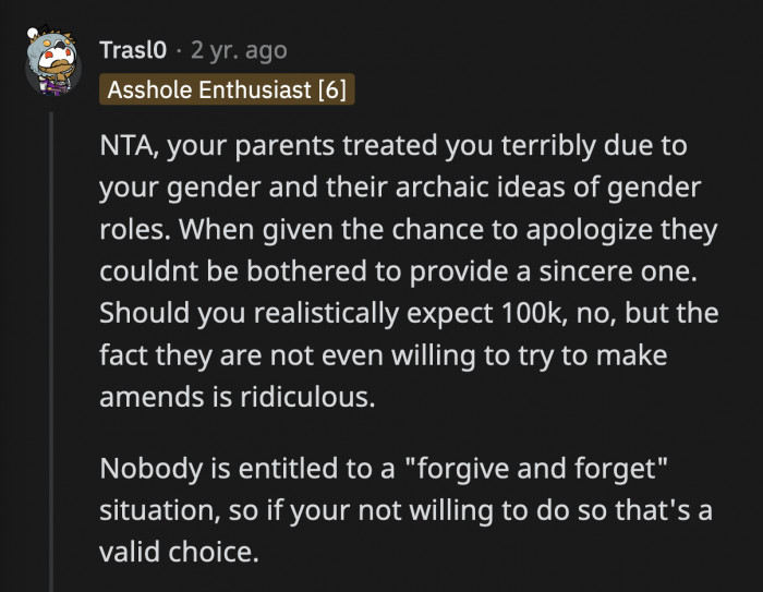 Forgiveness is earned, and OP's parents need to grovel for the rest of their lives to deserve grace