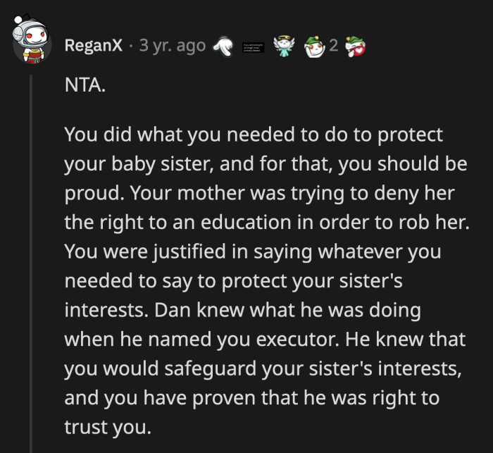 OP should feel proud of protecting her sister despite the influence her mom has had on her while growing up