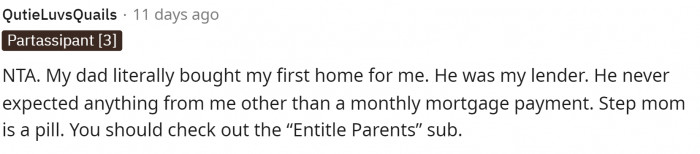 This is how parents should act and react because they're helping out their family.