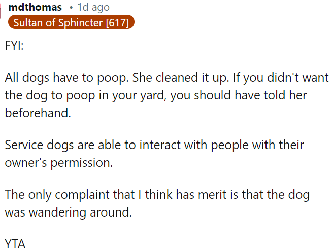 She cleaned up after her dog, but OP should have informed her in advance that dogs aren't allowed to poop in the yard.