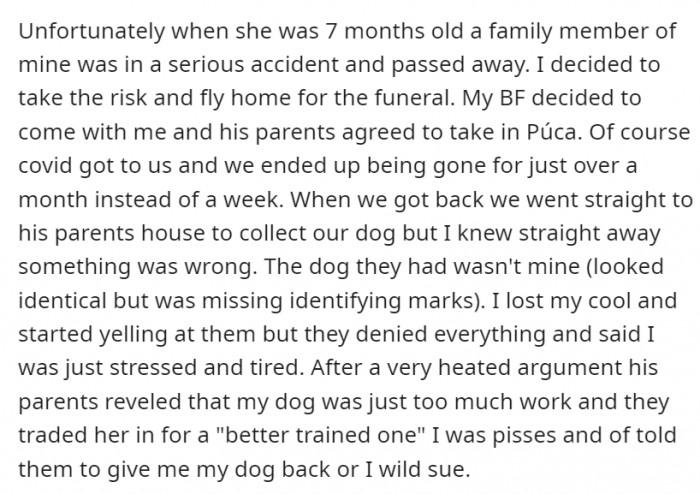 Sadly, OP didn't know that she won't be seeing her pup for quite a while after her trip because of her in-laws' decision