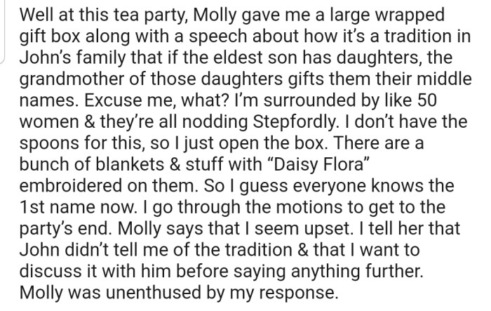 OP's MIL Organized a Tea Party Where She Announced That She Would Be Giving Her Incoming Granddaughter a Middle Name