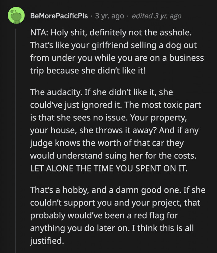 What kind of car does she have that she managed to convince herself it took priority over the car of the person whose house she was living in?