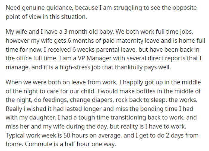 He starts his post by explaining his job situation and what he has to do for work, as well as what his wife is currently doing.