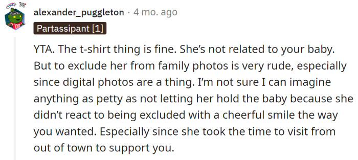 Excluding the girlfriend from family photos is extremely rude