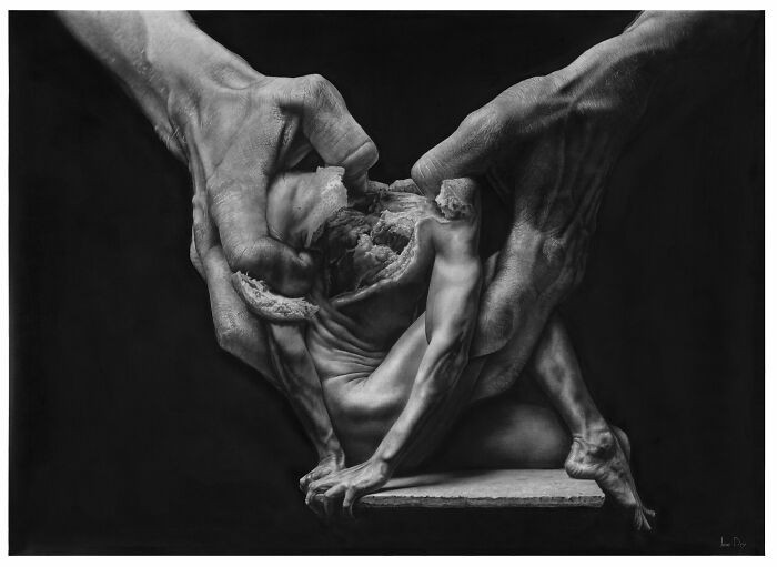 Calm hyperrealistic pencil portrait representing ruin and solitude, titled Goliath, shift in perspective