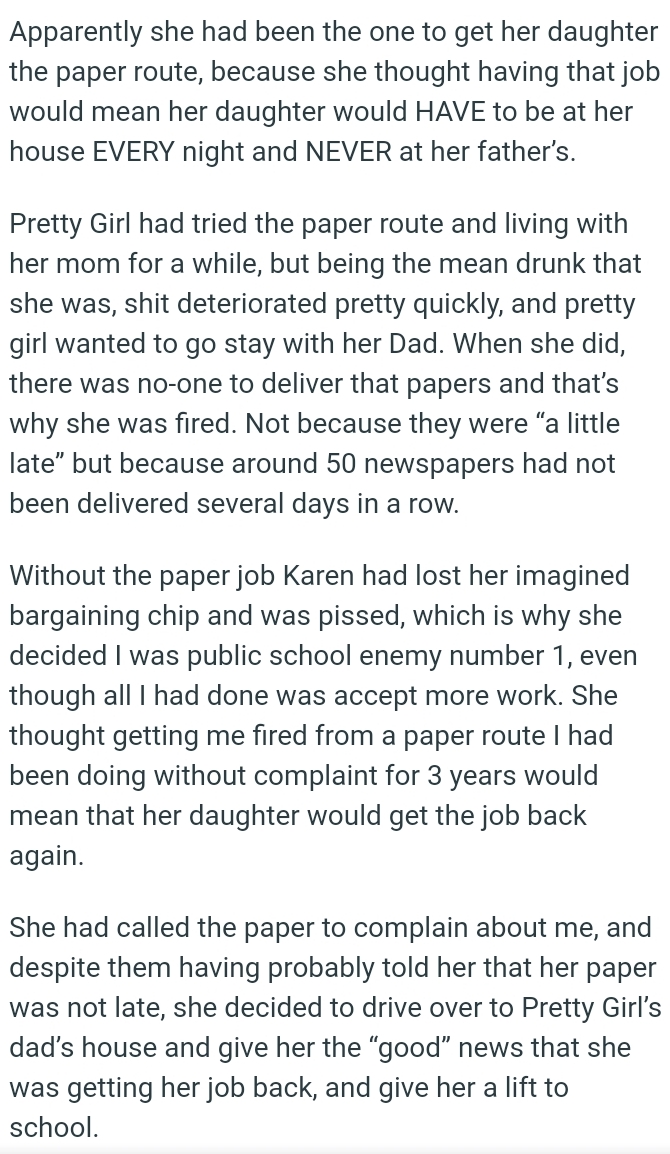 There was no one to deliver the papers, and that’s why Karen's daughter was fired