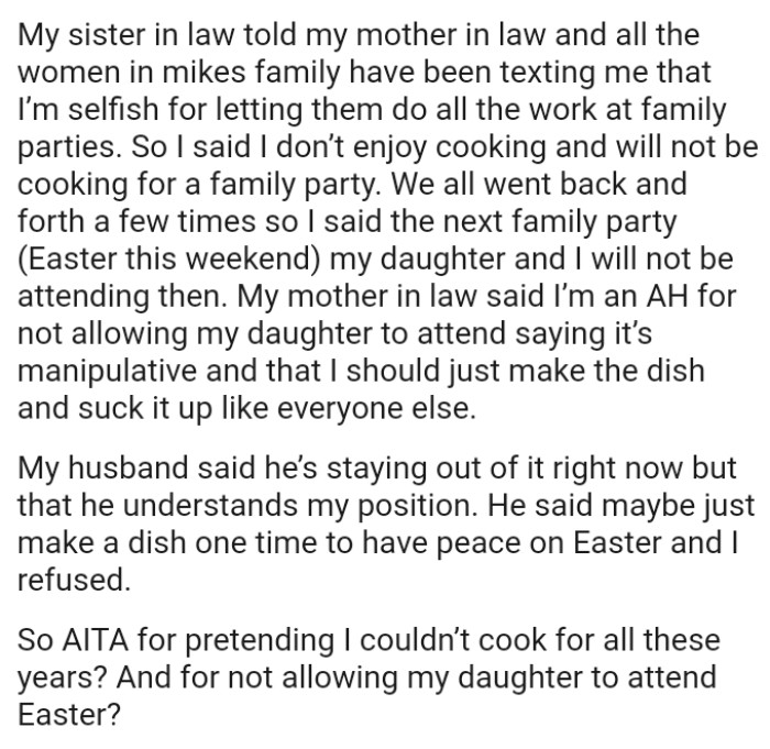 OP's mother-in-law said she's an AH for not allowing her daughter to attend saying it’s manipulative