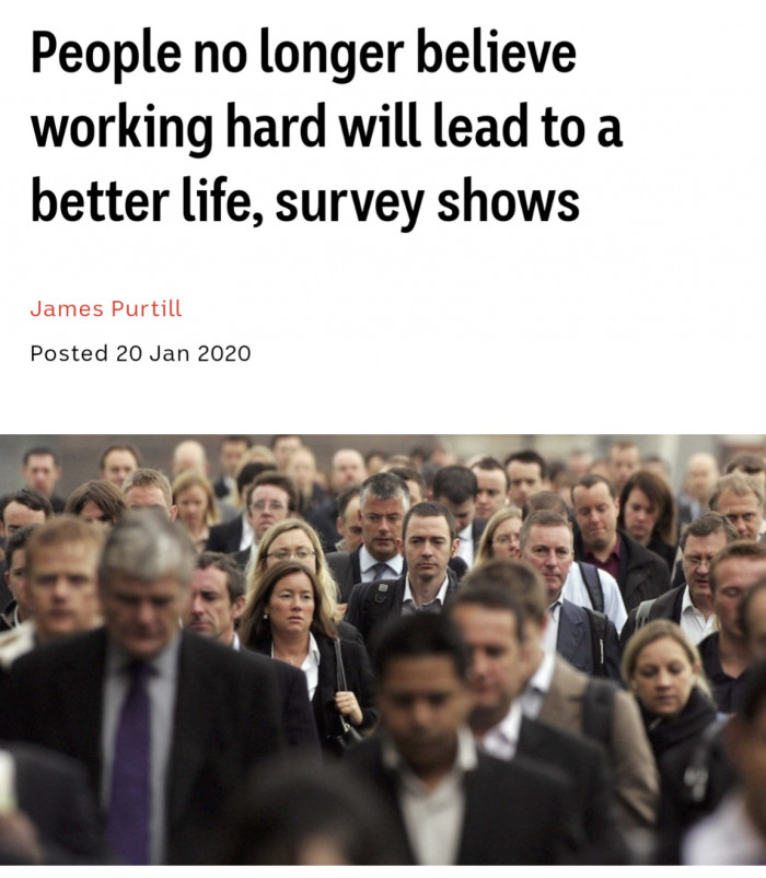 People no longer believe working hard will lead to a better life, survey shows