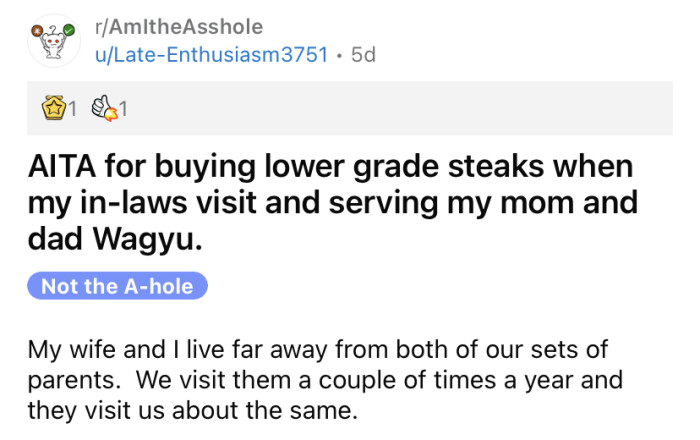 The OP shared a story about his wife's parents and their lack of food appreciation.