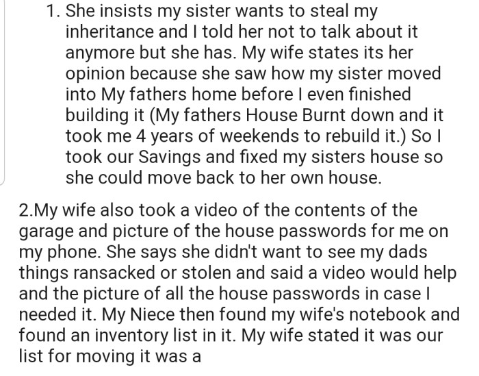 OP's wife has been accusing his sister of trying to steal their inheritance