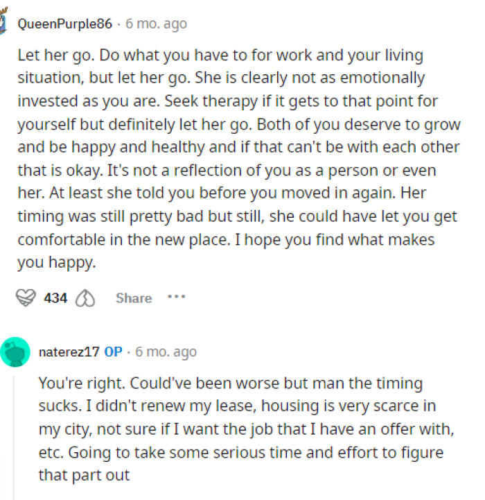 People quickly came to the comments to tell OP to let her go and allow her to move on because clearly, holding on isn't going to help.