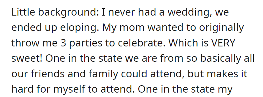 Mom's initial sweet idea: three parties in different states for everyone, but OP faces logistical hurdles.