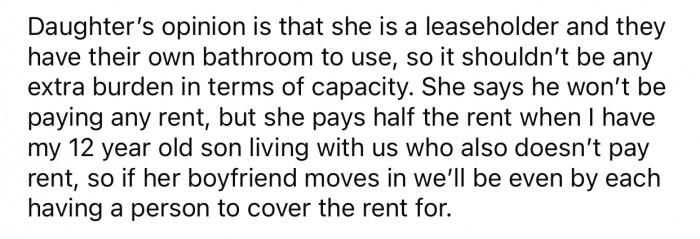 The daughter isn't ready to increase her portion of the rent and wants the boyfriend to simply move in.