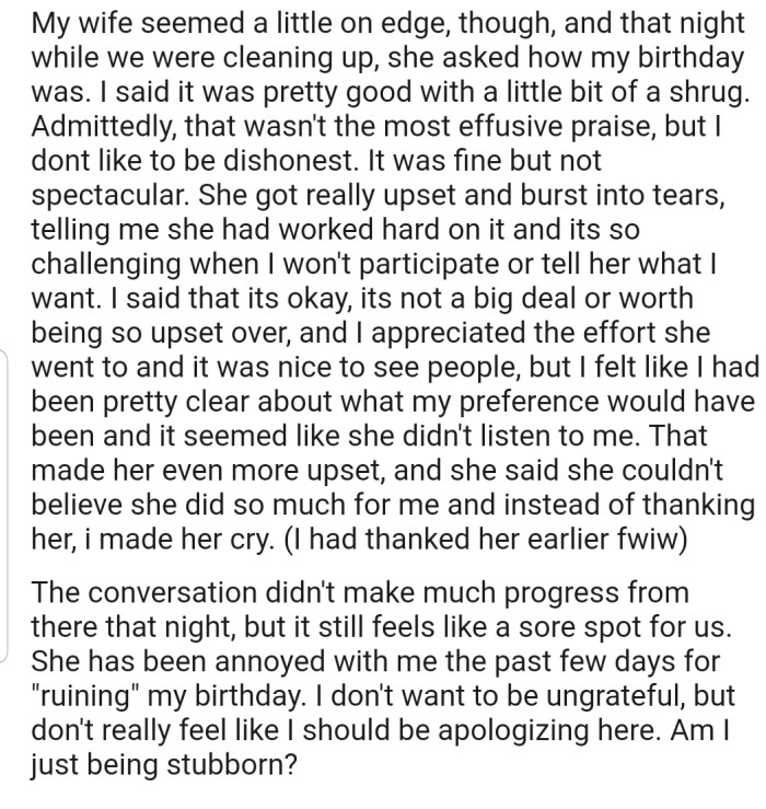 OP's wife later burst into tears after he told her his honest feelings about the party.