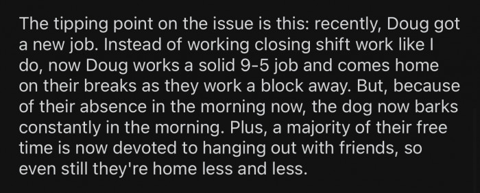 After OP's roommate, Doug, got a new job, he started spending less and less time with his dog.