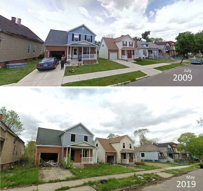 "10 Years In Detroit. 2009 And 2019. House Proud Lawn Mowing To Abandoned Debris"