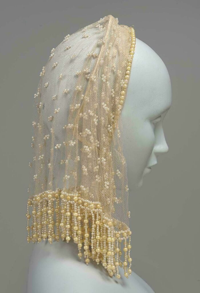 "Woman's Headdress, French, Worn In America, Silk Net, Silk Mesh, Silk Plain Weave Tape, Wire, Embroidered Artificial Pearls, Mid-19th Century"