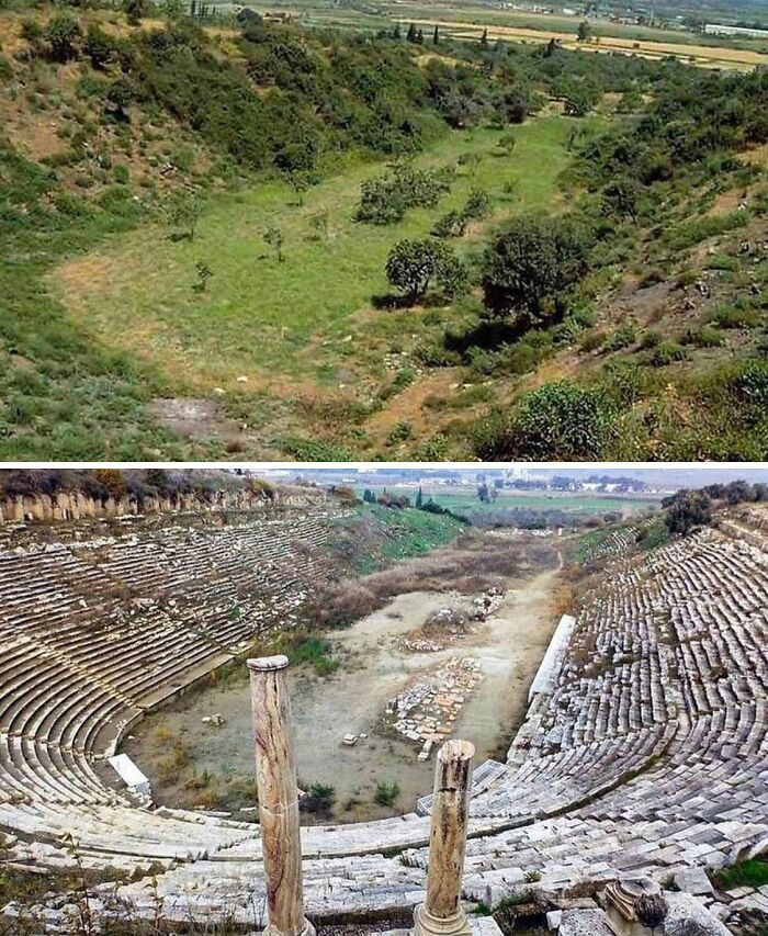 "Before And After Of The Excavation Of The Ancient Greek Stadium"