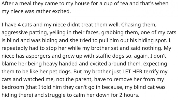The niece continued to terrorize the cats and her father let her.