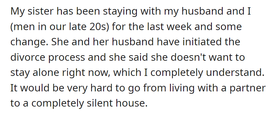 Sister in her late 20s, amid a divorce, stays with her brother and his husband for support, not wanting to be alone during this tough period.