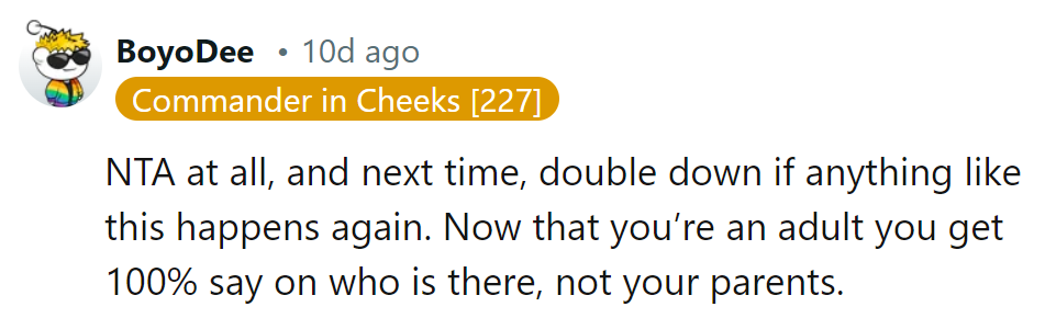 As an adult, she calls the shots on the guest list. Next time, she's the bouncer at the party gates—no parents allowed!