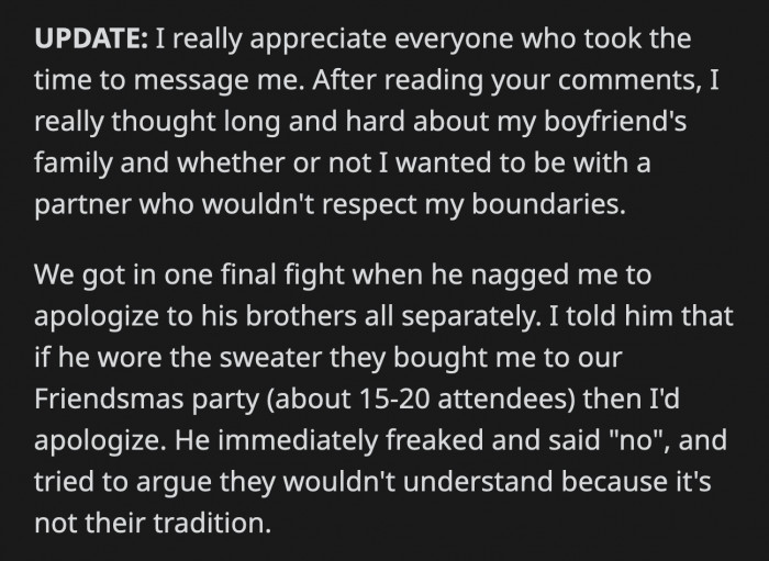 OP shared an update where she asked her BF to wear the cursed sweater to their