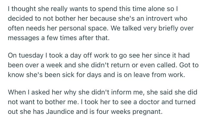 OP reached out to his wife after a week of not talking, only to discover that she’s been sick and four weeks pregnant.
