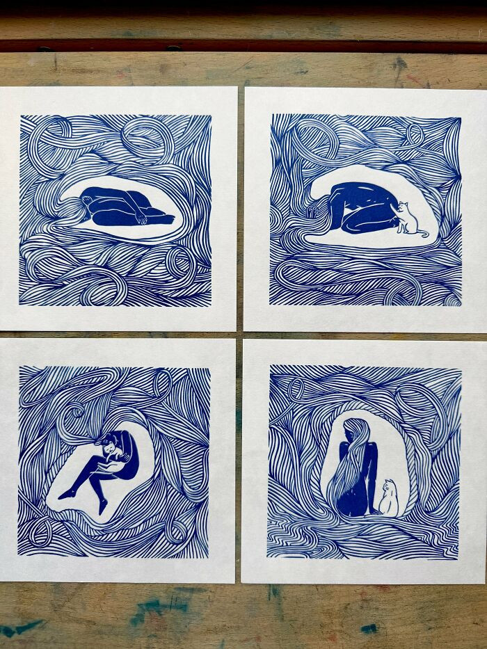 "My Cat Stayed When Everything Else Felt Gone My Recently Printed Linoprints"