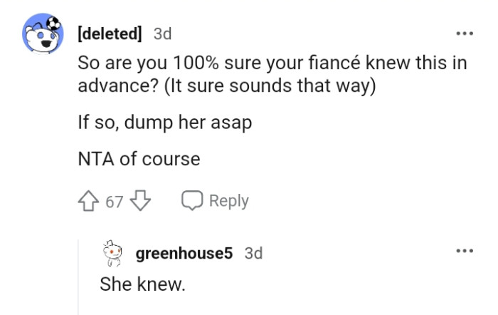 For this Redditor, the OP should dump his fiancée ASAP