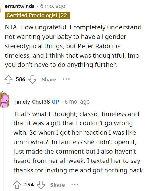 People came quickly to let OP know that they were not in the wrong for this and that OP bought a simple gift—that's that.