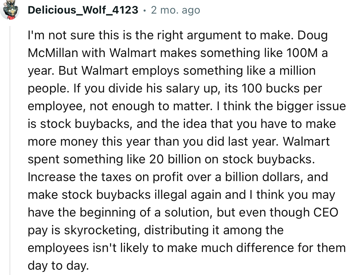 “Even though the CEO’s pay is skyrocketing, distributing it among the employees isn't likely to make much difference for them day to day.”