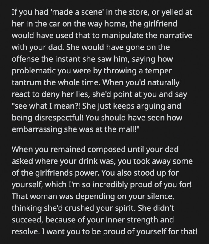 This teenager didn't play into the game the girlfriend was trapping her into. She was composed and calm, but she didn't let her walk all over her.