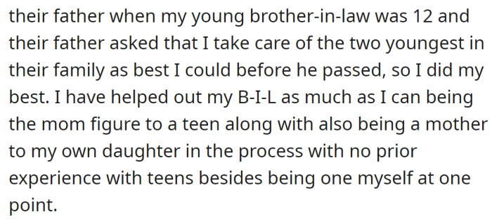 Before dying, her FIL asked her to take care of his two youngest children: