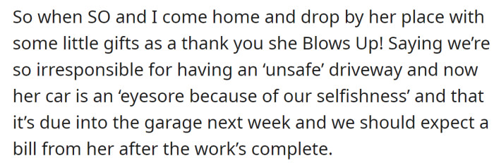 When they returned from the trip, MIL welcomed them angrily, blaming them for her car being damaged: