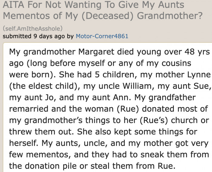 The mementos were distributed to her mom, uncle, and aunts.