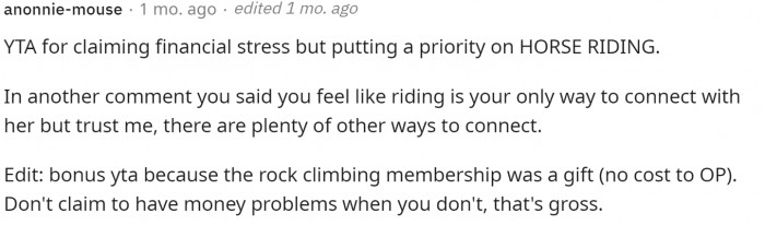 This comment called her TA because she's claiming financial problems but also has her daughter in horse riding, which is expensive.