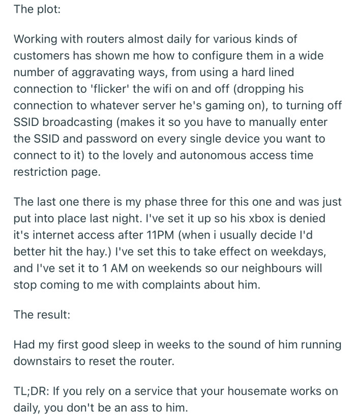 OP secretly configured his roommate's router to go off at night