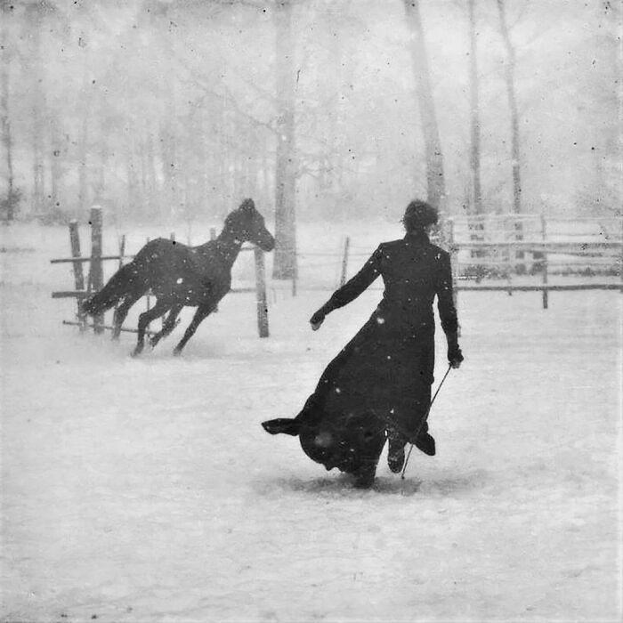 'lady With Her Horse On A Snowy Day'. Félix Thiollier, 1899. Shows That It Wasn't Necessary To Stay Still For Photos"