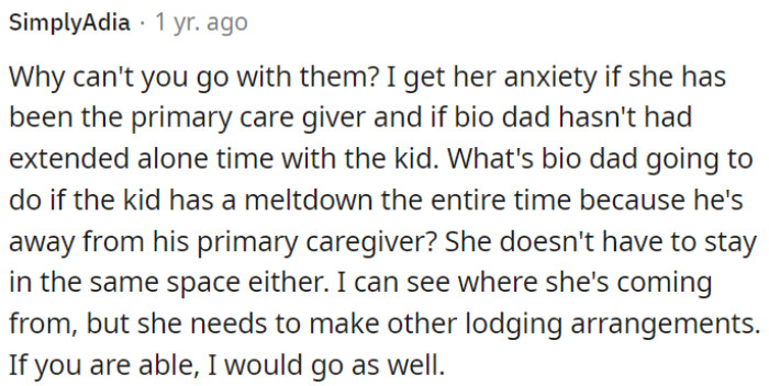 It's understandable to feel her anxiety, especially if she has been the main caregiver and the biological father hasn't spent extended time alone with the child.
