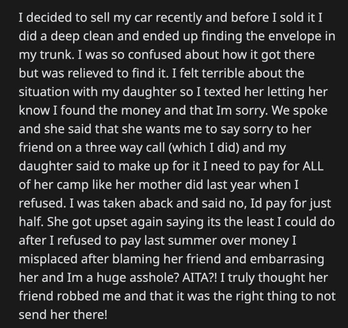 Fast forward to this year, OP was about to sell his car. He cleaned it and found his missing bank envelope in the trunk.