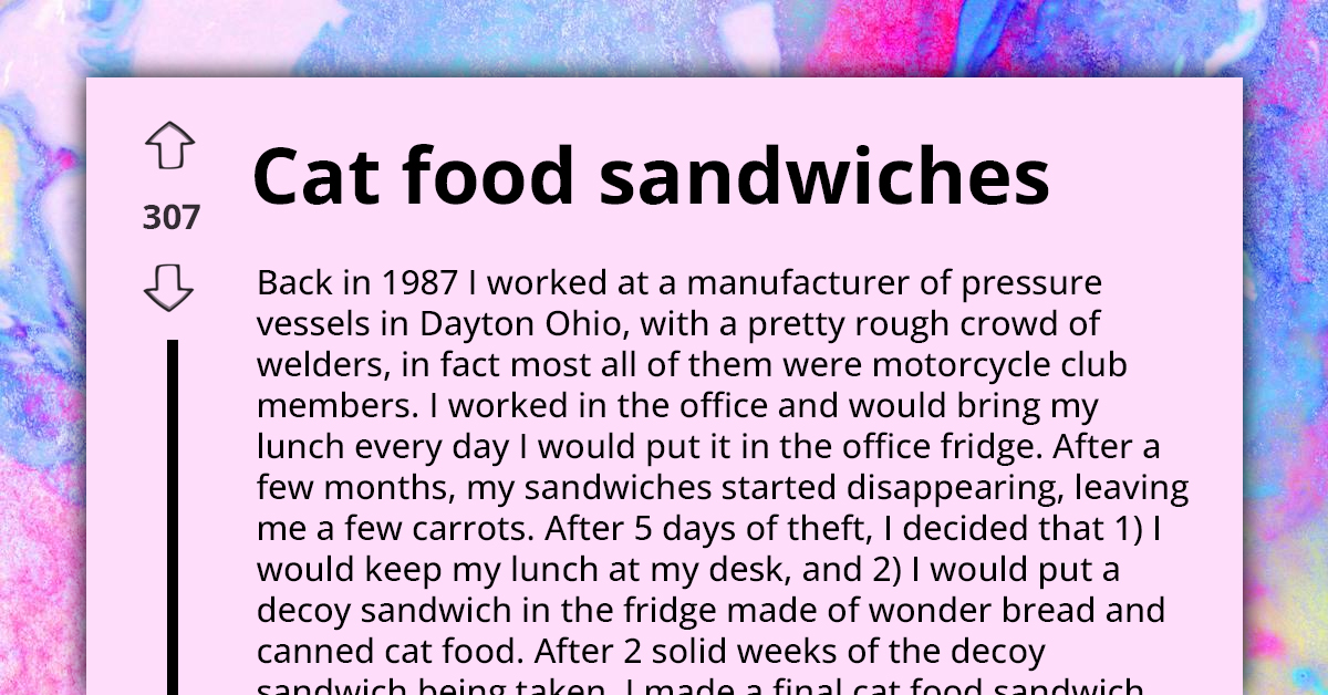 Office Worker Stops Lunch Thieves By Trickling Rough Biker Welders With Cat Food Sandwiches