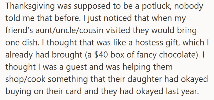 To her, the family’s bring-a-dish tradition looked more like optional courtesy than a mandatory potluck rule.