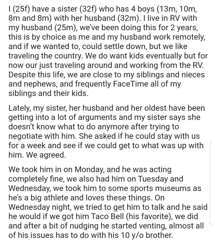 OP explained that her nephew had been getting into a lot of arguments with his parents. So in order to help douse the tension, she agreed to take him in for a short time and maybe figure out what was making him feel resentful towards his parents