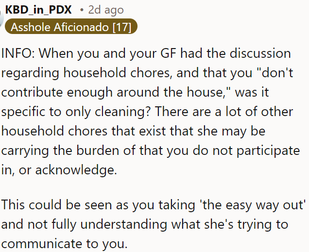 The issue might not be cleaning if she handles other tasks that OP is not acknowledging.