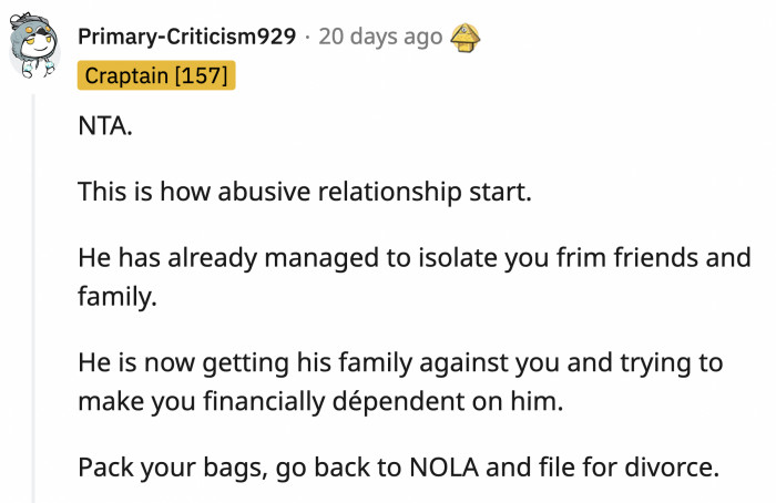 Every choice John has forced on OP so far has been a red flag